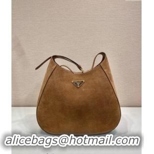 Buy Inexpensive Prada Large suede hobo shoulder bag with topstitching 1BC181 Brown 2024