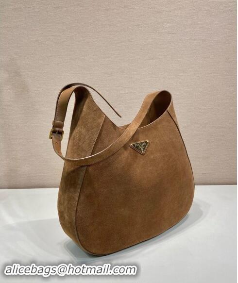 Buy Inexpensive Prada Large suede hobo shoulder bag with topstitching 1BC181 Brown 2024