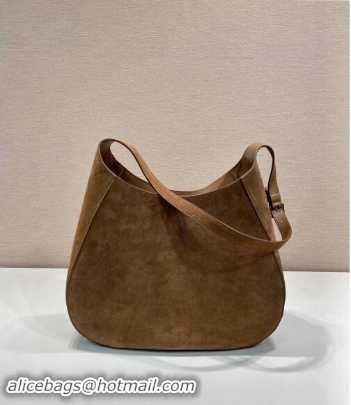 Buy Inexpensive Prada Large suede hobo shoulder bag with topstitching 1BC181 Brown 2024