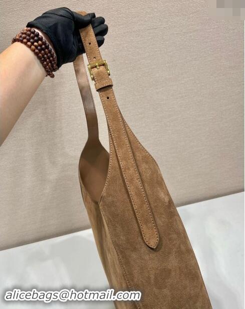 Buy Inexpensive Prada Large suede hobo shoulder bag with topstitching 1BC181 Brown 2024