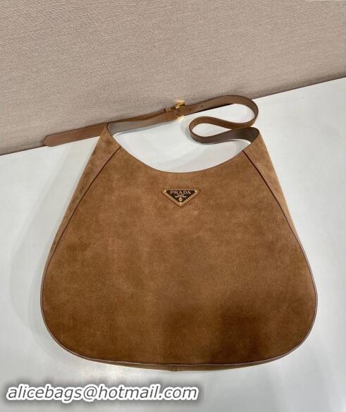 Buy Inexpensive Prada Large suede hobo shoulder bag with topstitching 1BC181 Brown 2024