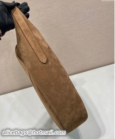 Buy Inexpensive Prada Large suede hobo shoulder bag with topstitching 1BC181 Brown 2024