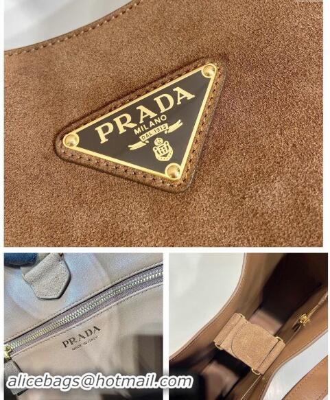 Buy Inexpensive Prada Large suede hobo shoulder bag with topstitching 1BC181 Brown 2024