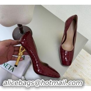 Good Quality Bottega Veneta Knot Pumps in Crocodile Effect Leather 8.5cm Dark Burgundy 011011