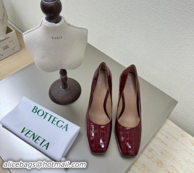 Good Quality Bottega Veneta Knot Pumps in Crocodile Effect Leather 8.5cm Dark Burgundy 011011