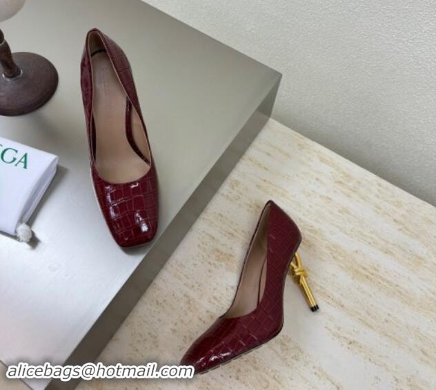 Good Quality Bottega Veneta Knot Pumps in Crocodile Effect Leather 8.5cm Dark Burgundy 011011