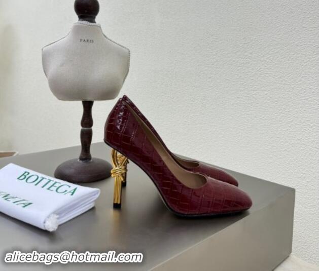 Good Quality Bottega Veneta Knot Pumps in Crocodile Effect Leather 8.5cm Dark Burgundy 011011