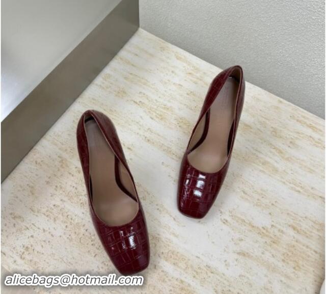 Good Quality Bottega Veneta Knot Pumps in Crocodile Effect Leather 8.5cm Dark Burgundy 011011