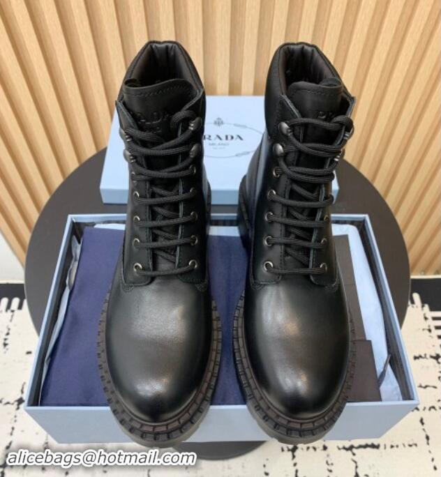 Good Quality Prada Wax Leather lace-up Ankle Boots Black 011087