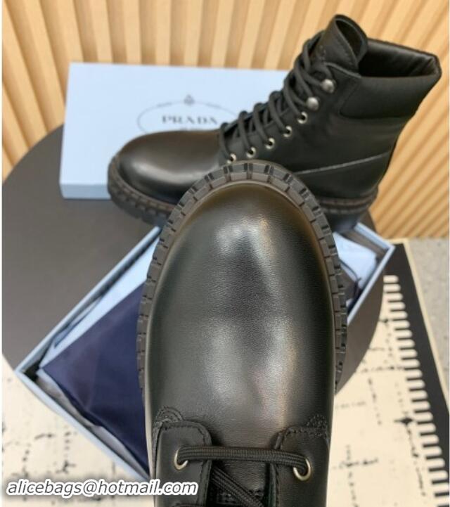 Good Quality Prada Wax Leather lace-up Ankle Boots Black 011087