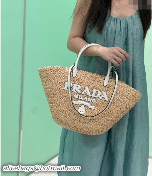 Best Price Prada Raffia Straw Basket Bag 1BG470 Beige/White 2024