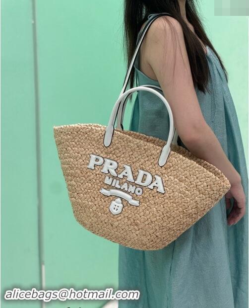 Best Price Prada Raffia Straw Basket Bag 1BG470 Beige/White 2024