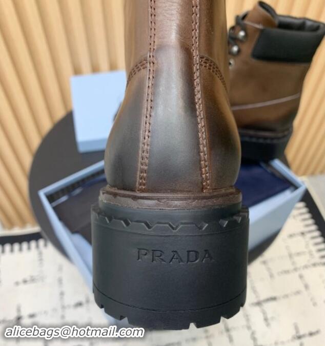 Grade Quality Prada Faded Wax Leather lace-up Ankle Boots Dark Brown 1011089