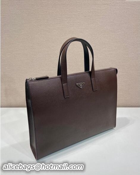 Top Grade Prada Mens Saffiano leather tote bag 2VG039 Coffee Brown 2024