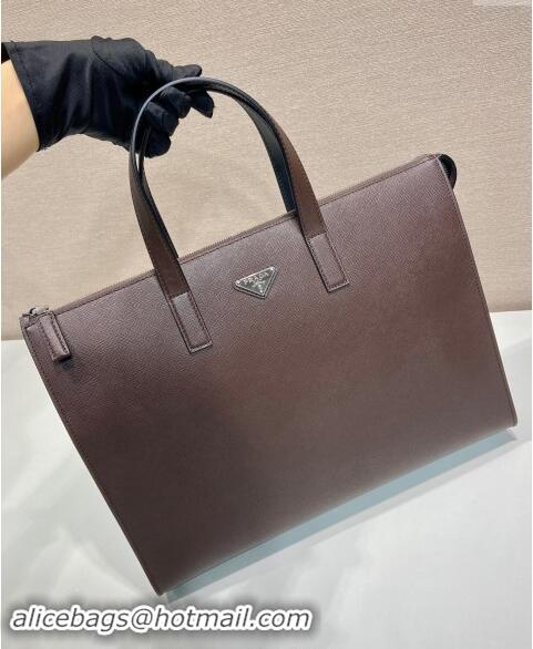 Top Grade Prada Mens Saffiano leather tote bag 2VG039 Coffee Brown 2024