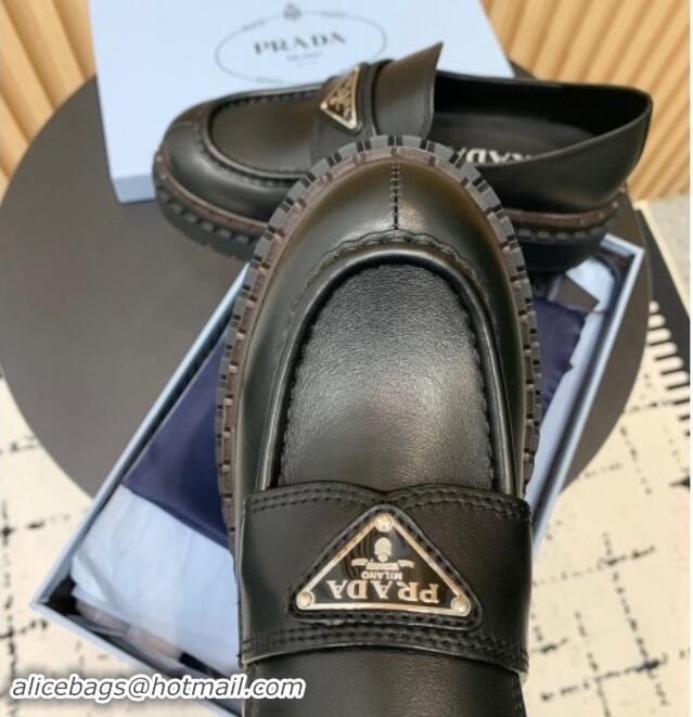 Charming Prada Double Chocolate leather loafers 5cm Black 1011090