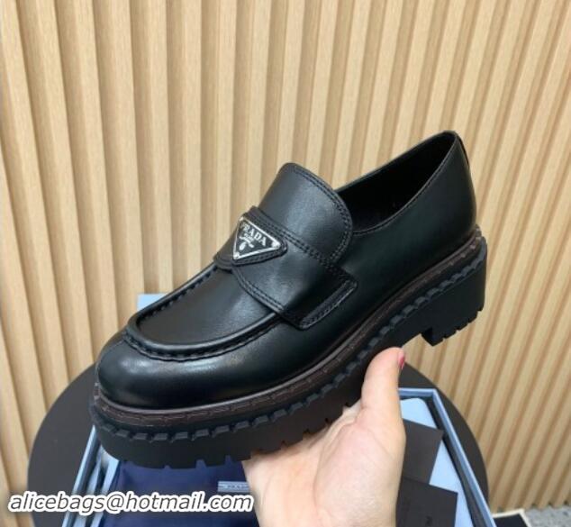 Charming Prada Double Chocolate leather loafers 5cm Black 1011090