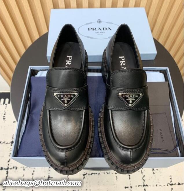 Charming Prada Double Chocolate leather loafers 5cm Black 1011090