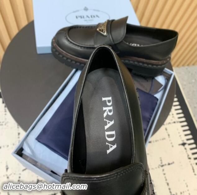 Charming Prada Double Chocolate leather loafers 5cm Black 1011090