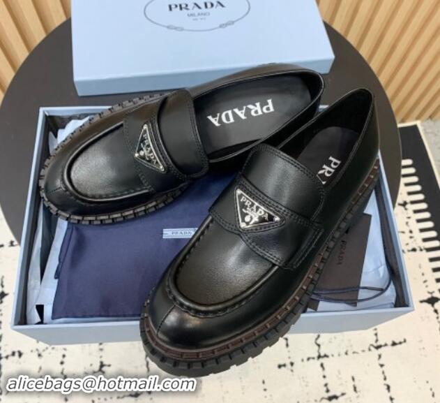 Charming Prada Double Chocolate leather loafers 5cm Black 1011090