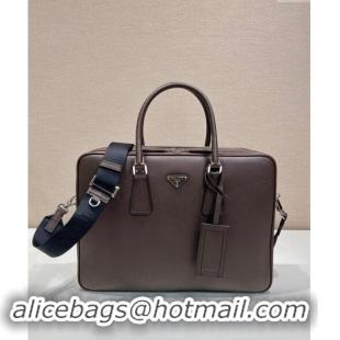 Top Grade Prada Mens Saffiano leather briefcase bag 2VE022 Coffee Brown 2024