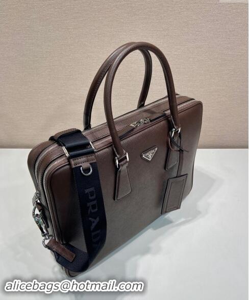 Top Grade Prada Mens Saffiano leather briefcase bag 2VE022 Coffee Brown 2024