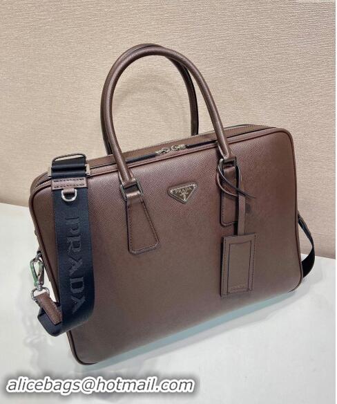 Top Grade Prada Mens Saffiano leather briefcase bag 2VE022 Coffee Brown 2024