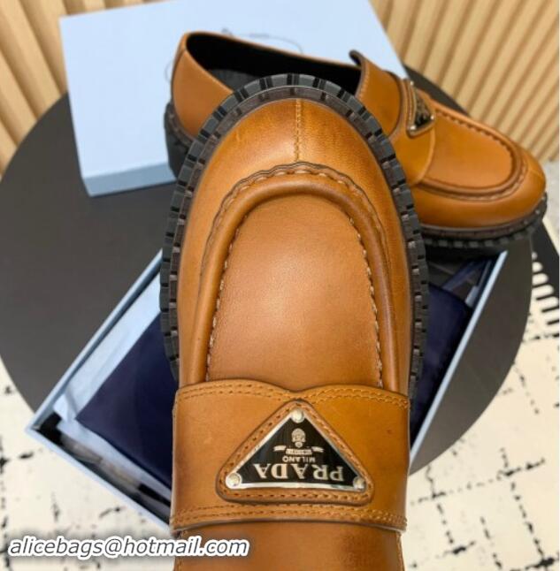 Top Grade Prada Double Chocolate leather loafers 5cm Light Brown 1011091