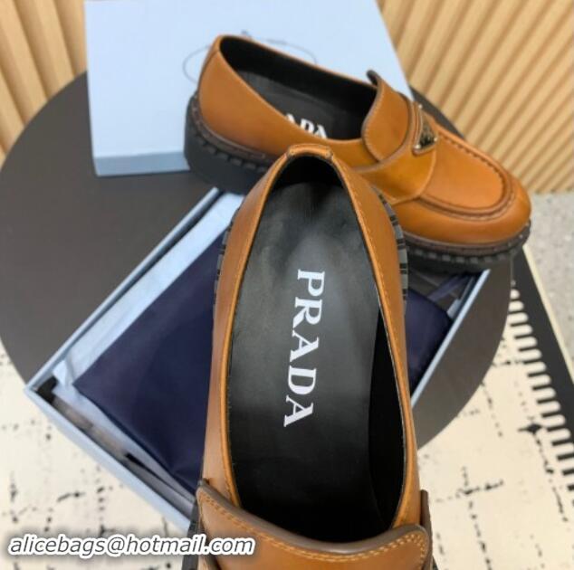 Top Grade Prada Double Chocolate leather loafers 5cm Light Brown 1011091