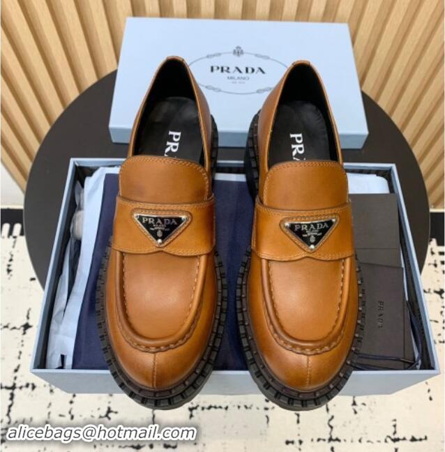 Top Grade Prada Double Chocolate leather loafers 5cm Light Brown 1011091