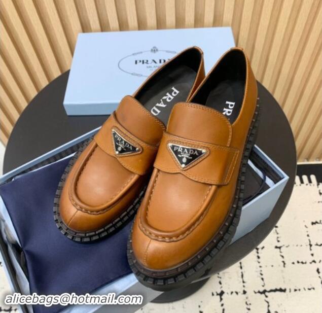 Top Grade Prada Double Chocolate leather loafers 5cm Light Brown 1011091