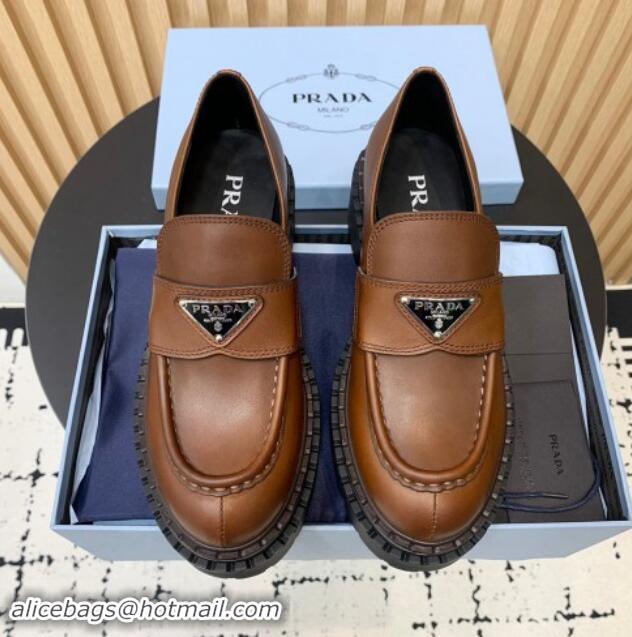 1:1 aaaaa Prada Double Chocolate leather loafers 5cm Dark Brown 1011092