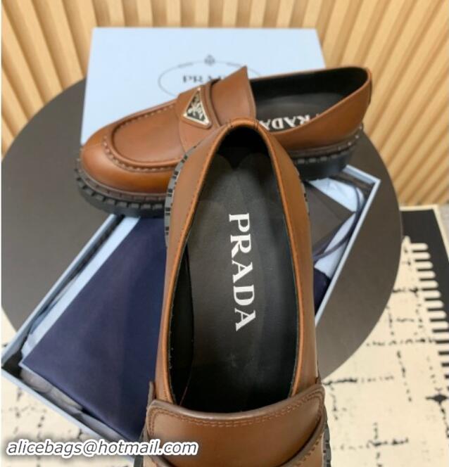 1:1 aaaaa Prada Double Chocolate leather loafers 5cm Dark Brown 1011092