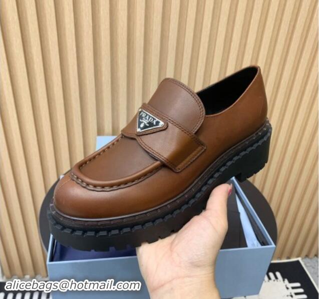 1:1 aaaaa Prada Double Chocolate leather loafers 5cm Dark Brown 1011092