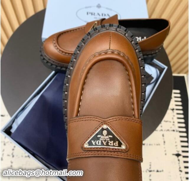 1:1 aaaaa Prada Double Chocolate leather loafers 5cm Dark Brown 1011092