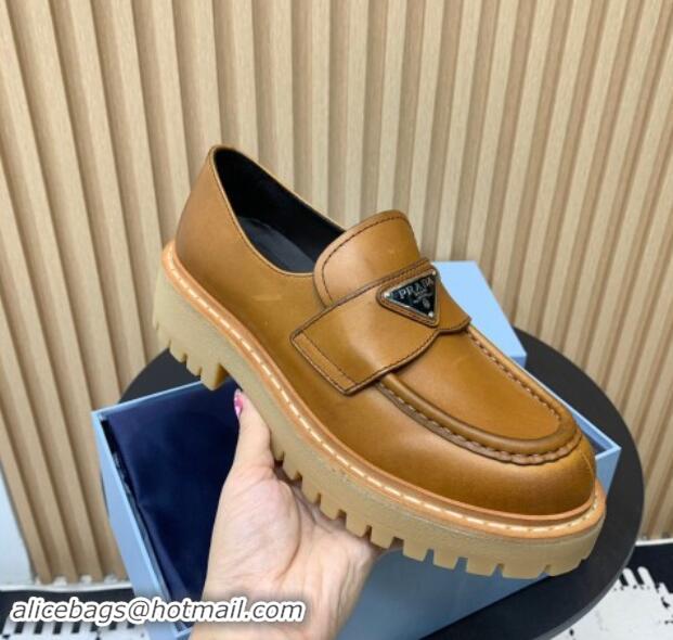 Shop Duplicate Prada Leather loafers 5cm Light Brown 1011094