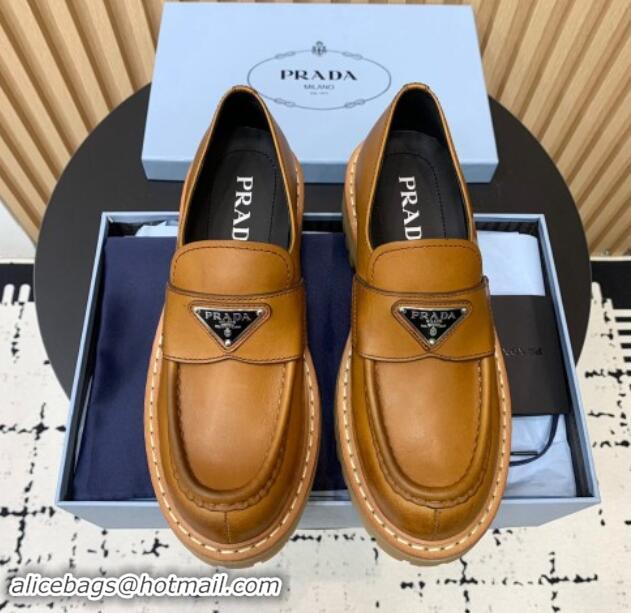 Shop Duplicate Prada Leather loafers 5cm Light Brown 1011094