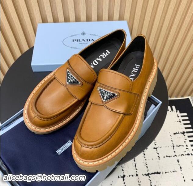 Shop Duplicate Prada Leather loafers 5cm Light Brown 1011094