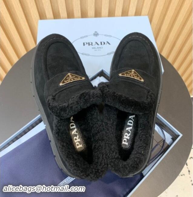 Durable Prada Suede and Wool Platform Ankle Boots Black 011102