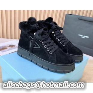 Luxury Prada Suede and Wool Platform High-top Sneakers 5cm Black 1011104