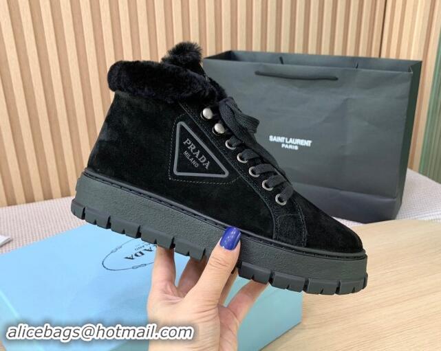 Luxury Prada Suede and Wool Platform High-top Sneakers 5cm Black 1011104