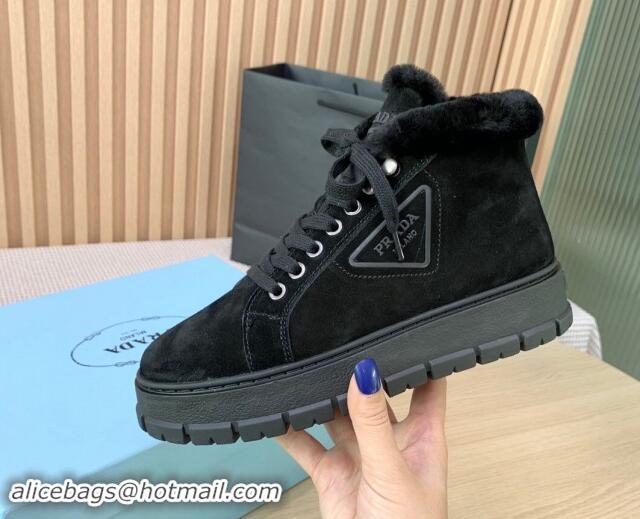 Luxury Prada Suede and Wool Platform High-top Sneakers 5cm Black 1011104