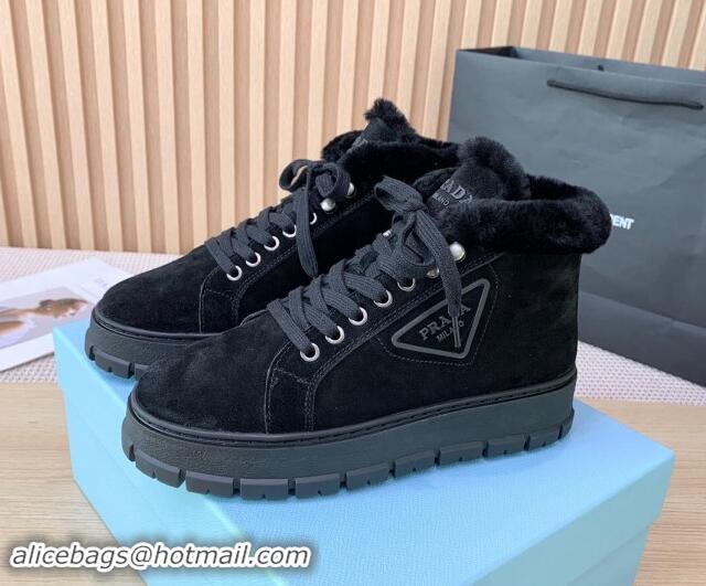 Luxury Prada Suede and Wool Platform High-top Sneakers 5cm Black 1011104