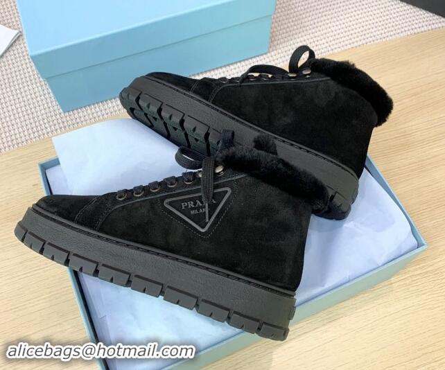 Luxury Prada Suede and Wool Platform High-top Sneakers 5cm Black 1011104