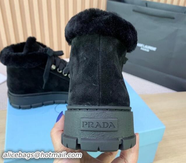 Luxury Prada Suede and Wool Platform High-top Sneakers 5cm Black 1011104