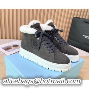 Good Product Prada Suede and Wool Platform High-top Sneakers 5cm Dark Grey 1011105