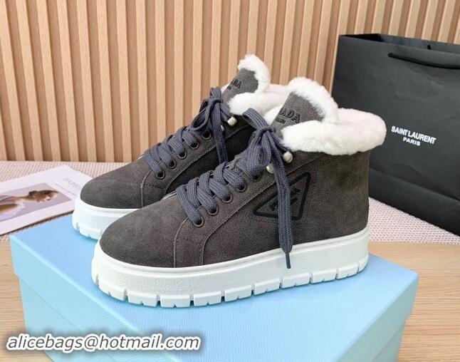 Good Product Prada Suede and Wool Platform High-top Sneakers 5cm Dark Grey 1011105