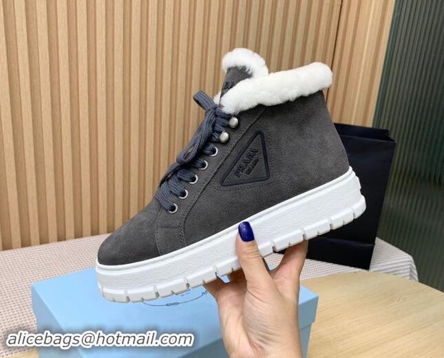 Good Product Prada Suede and Wool Platform High-top Sneakers 5cm Dark Grey 1011105