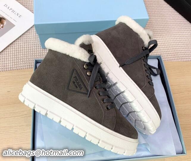 Good Product Prada Suede and Wool Platform High-top Sneakers 5cm Dark Grey 1011105