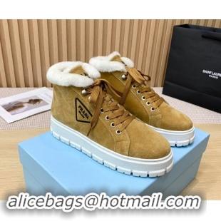 Top Design Prada Suede and Wool Platform High-top Sneakers 5cm Light Brown 011106